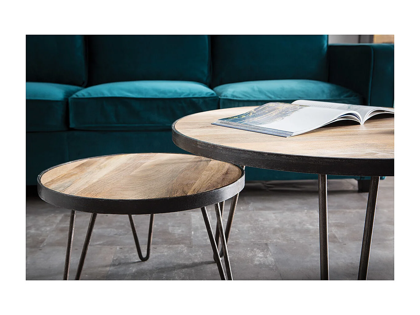 Table basse ronde industrielle bois manguier massif et métal noir D50 cm ATELIER