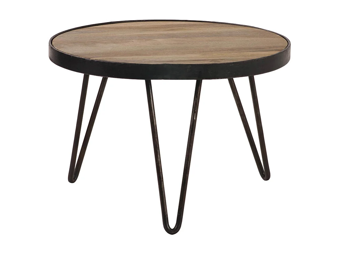 Table basse ronde industrielle bois manguier massif et métal noir D50 cm ATELIER