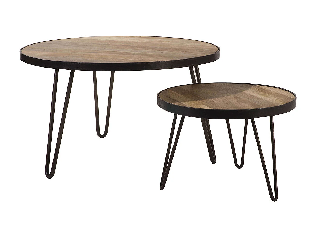 Table basse ronde industrielle bois manguier massif et métal noir D50 cm ATELIER