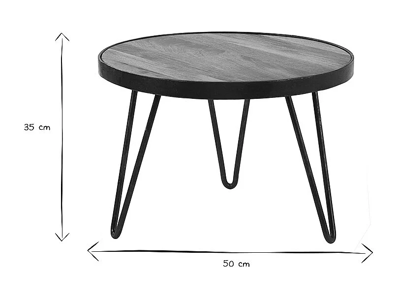 Table basse ronde industrielle bois manguier massif et métal noir D50 cm ATELIER