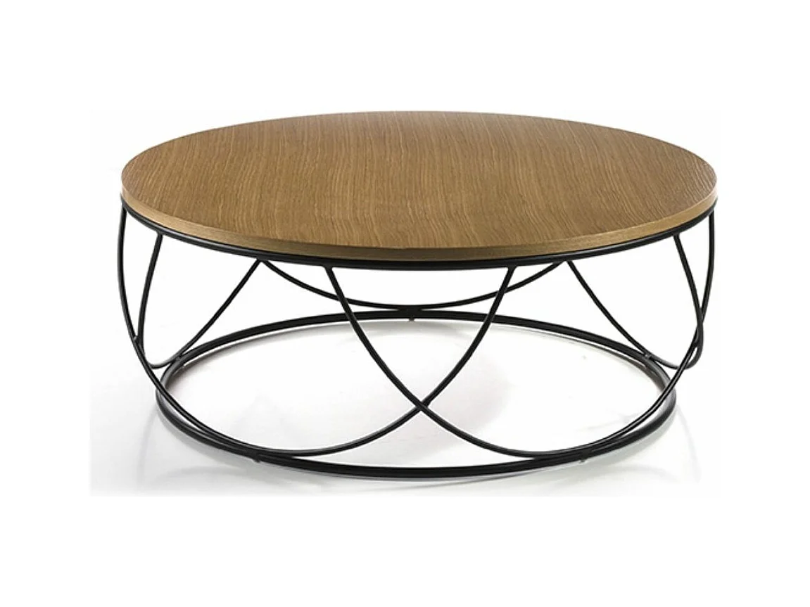 Table basse ronde style industriel en bois chêne clair et métal noir Kalito 80cm