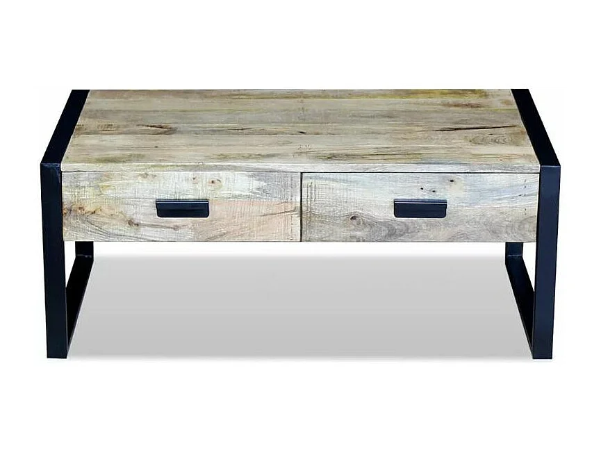 Table basse 2 tiroirs manguier massif clair vieilli et métal noir Grey