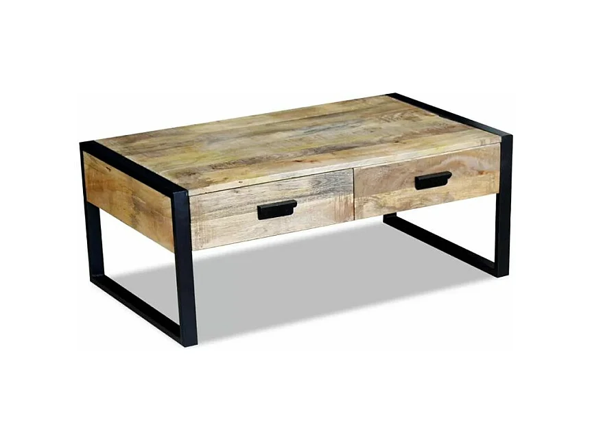 Table basse 2 tiroirs manguier massif clair vieilli et métal noir Grey