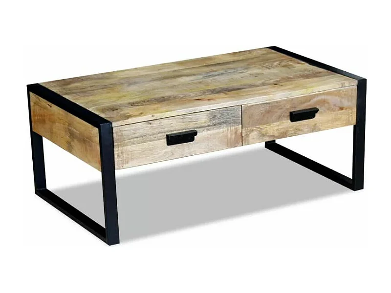 Table basse 2 tiroirs manguier massif clair vieilli et métal noir Grey