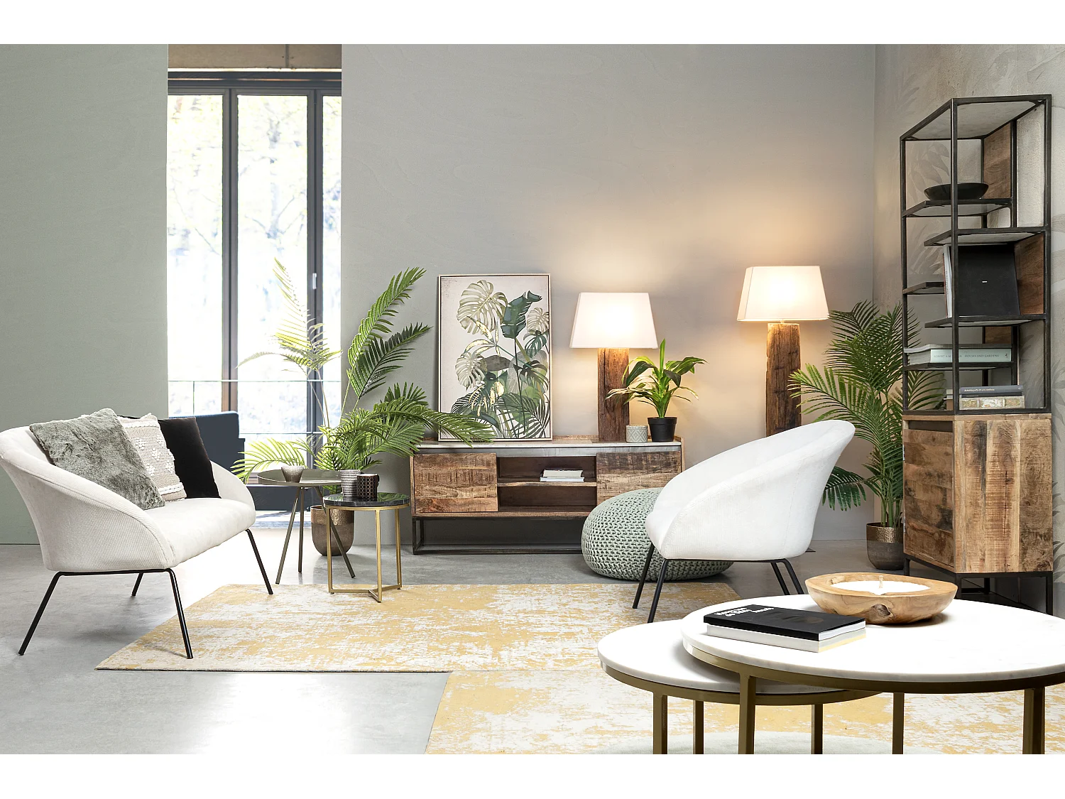 Table basse en marbre blanc et pieds acier doré Lary - Lot de 2