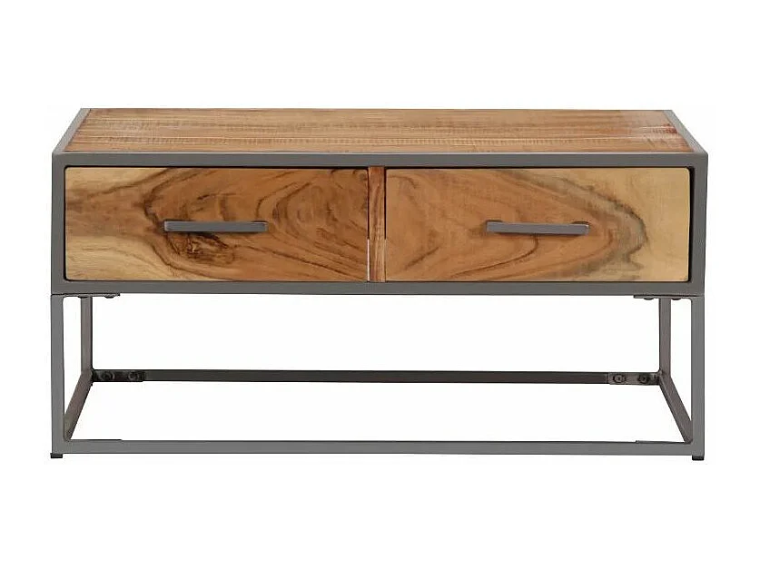 Table basse 2 tiroirs 2 tiroirs acacia massif clair et métal gris Babola