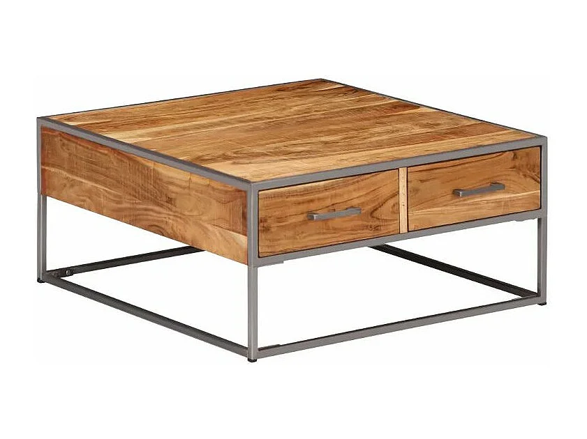 Table basse 2 tiroirs 2 tiroirs acacia massif clair et métal gris Babola