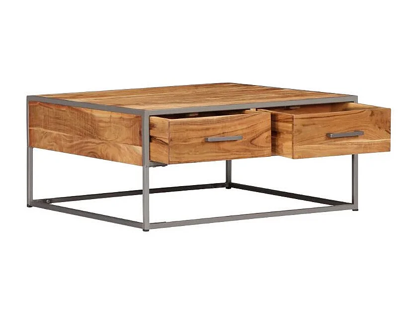 Table basse 2 tiroirs 2 tiroirs acacia massif clair et métal gris Babola