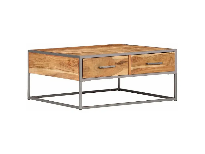 Table basse 2 tiroirs 2 tiroirs acacia massif clair et métal gris Babola