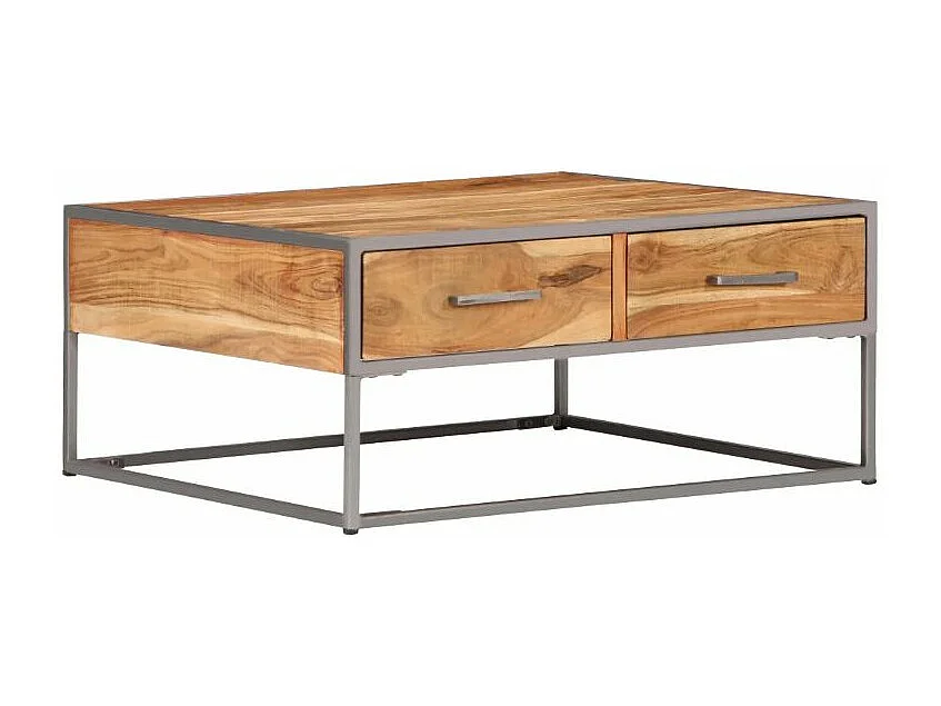 Table basse 2 tiroirs 2 tiroirs acacia massif clair et métal gris Babola