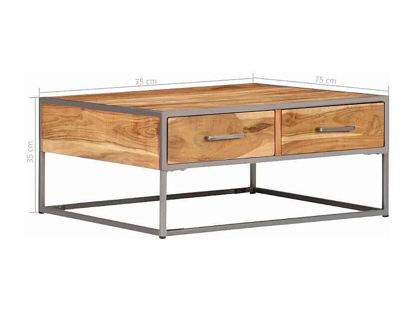 Table basse 2 tiroirs 2 tiroirs acacia massif clair et métal gris Babola