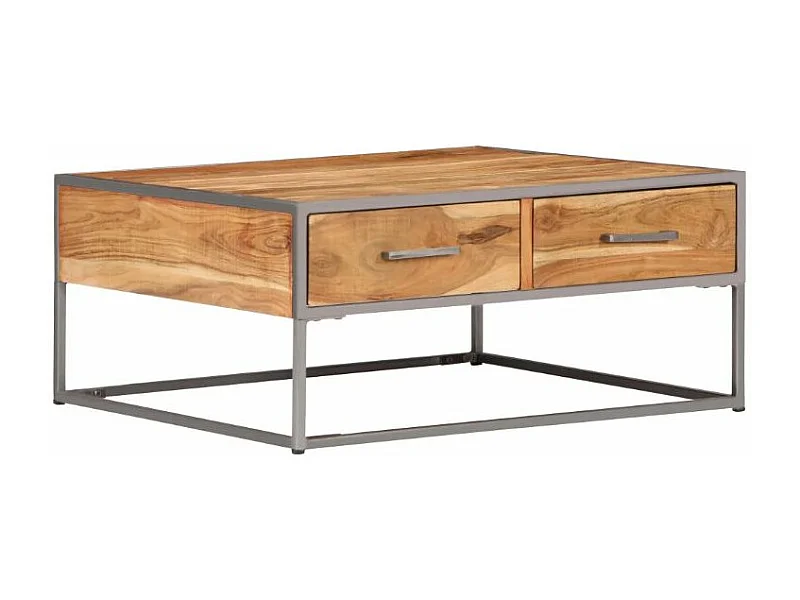 Table basse 2 tiroirs 2 tiroirs acacia massif clair et métal gris Babola