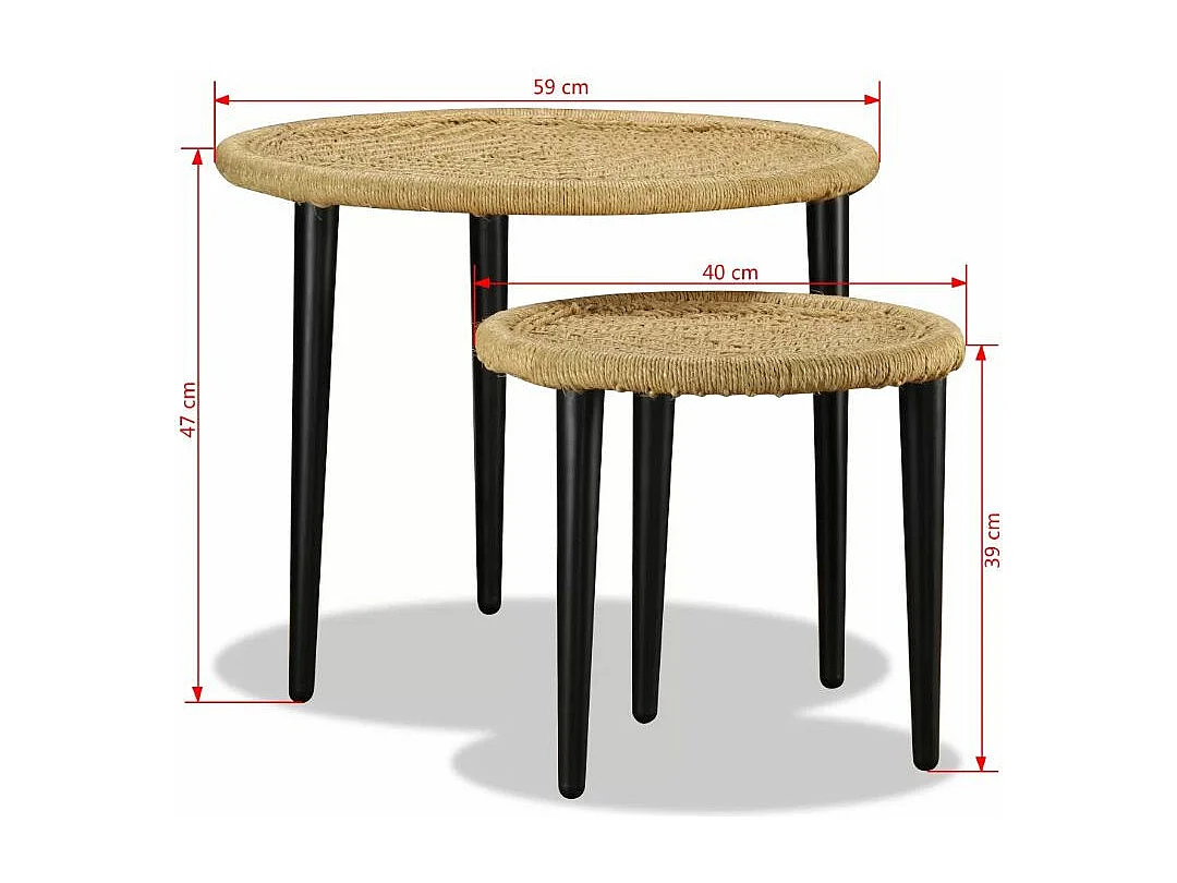 Table basse ronde jute naturelle et métal noir Merchy - Lot de 2