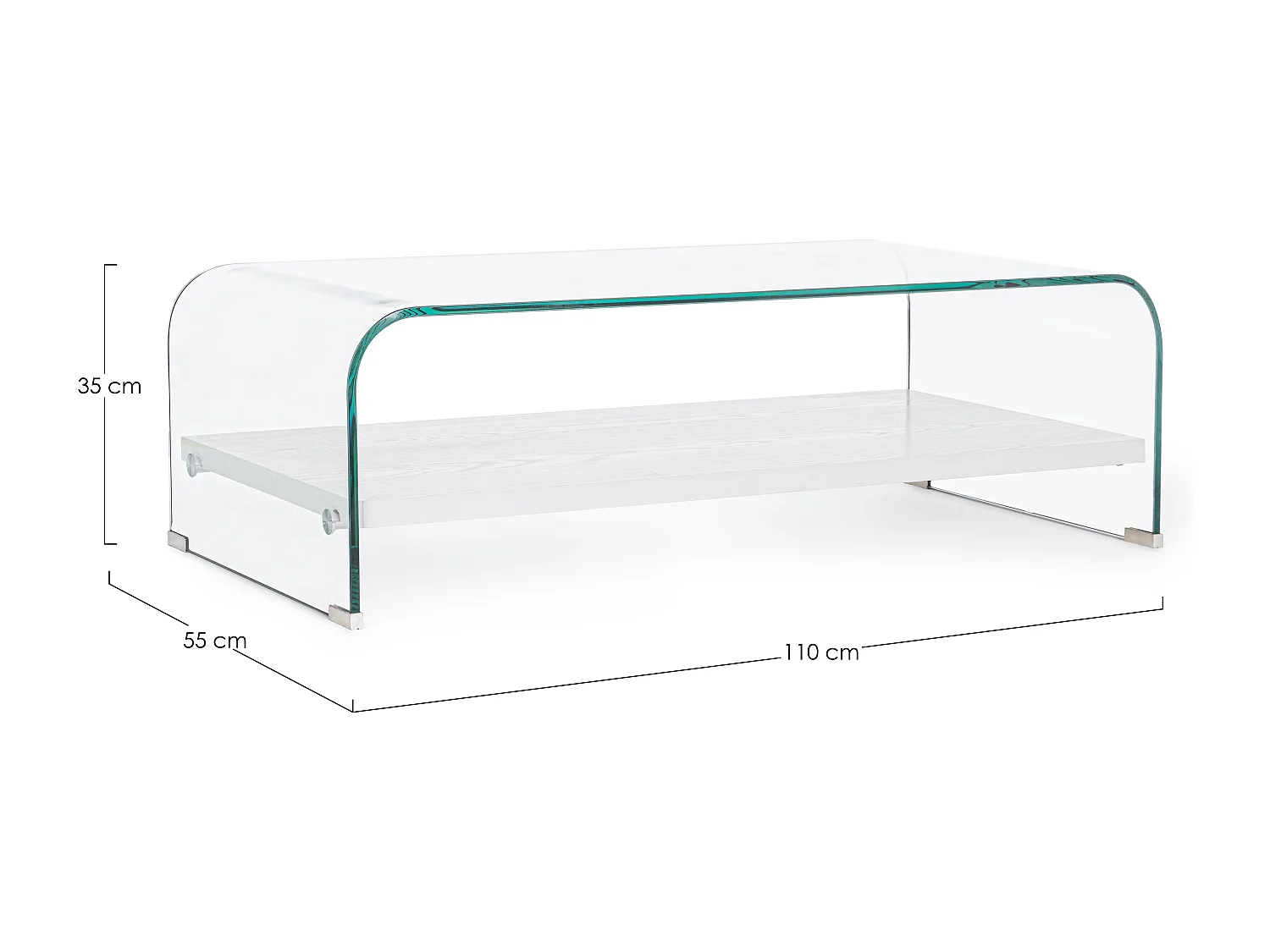 Table basse 1 niche bois blanc et verre trempé courbé Louiza 110cm