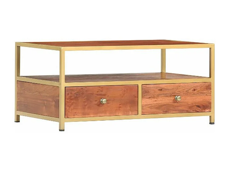 Table basse rectangulaire 2 tiroirs acacia massif foncé et métal doré Mitu