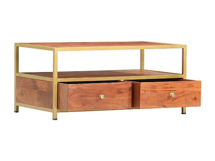 Table basse rectangulaire 2 tiroirs acacia massif foncé et métal doré Mitu