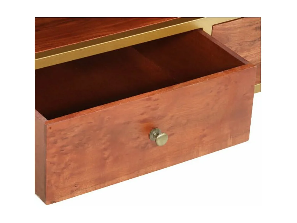 Table basse rectangulaire 2 tiroirs acacia massif foncé et métal doré Mitu