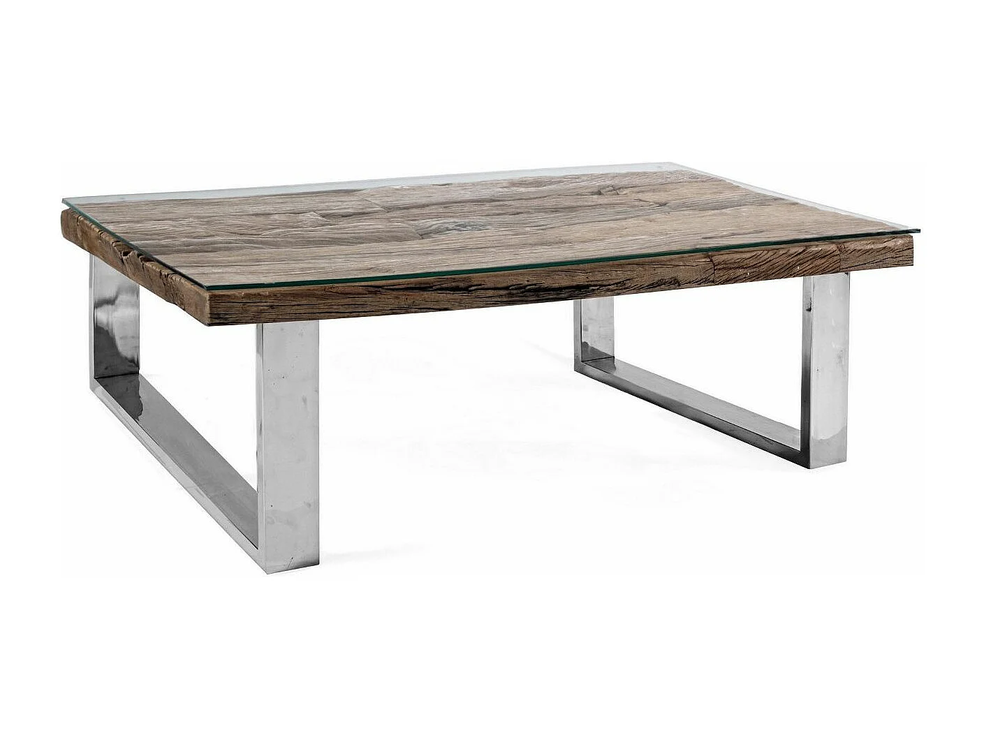 Table basse carrée plateau bois massif recyclé et verre trempé sur pieds acier chromé Stany 100cm