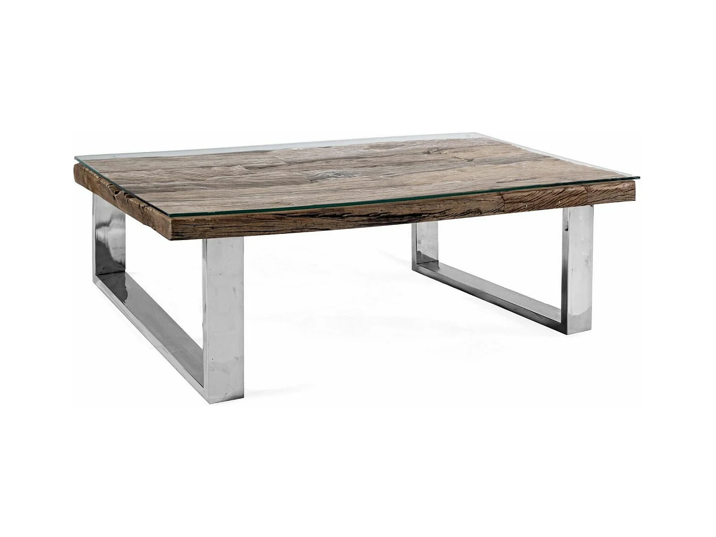Table basse carrée plateau bois massif recyclé et verre trempé sur pieds acier chromé Stany 100cm