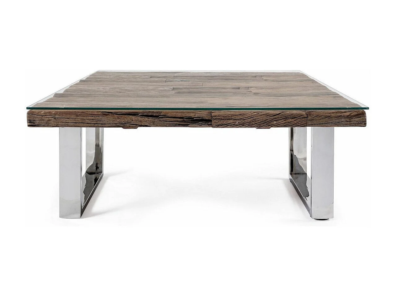 Table basse carrée plateau bois massif recyclé et verre trempé sur pieds acier chromé Stany 100cm