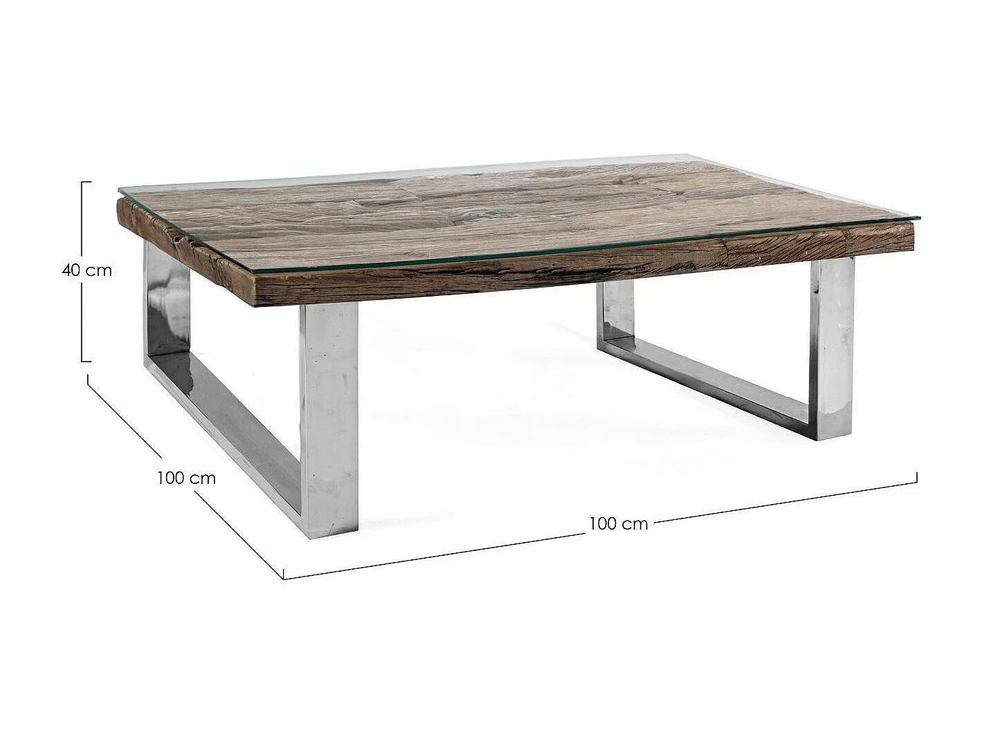 Table basse carrée plateau bois massif recyclé et verre trempé sur pieds acier chromé Stany 100cm