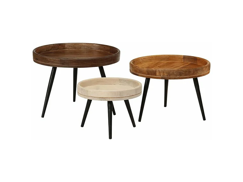 Tables basses rondes 3 pcs bois de manguier massif
