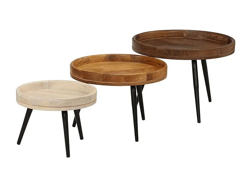 Tables basses rondes 3 pcs bois de manguier massif