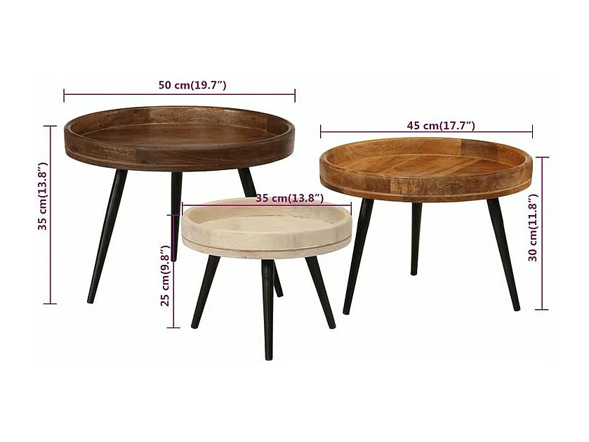 Tables basses rondes 3 pcs bois de manguier massif