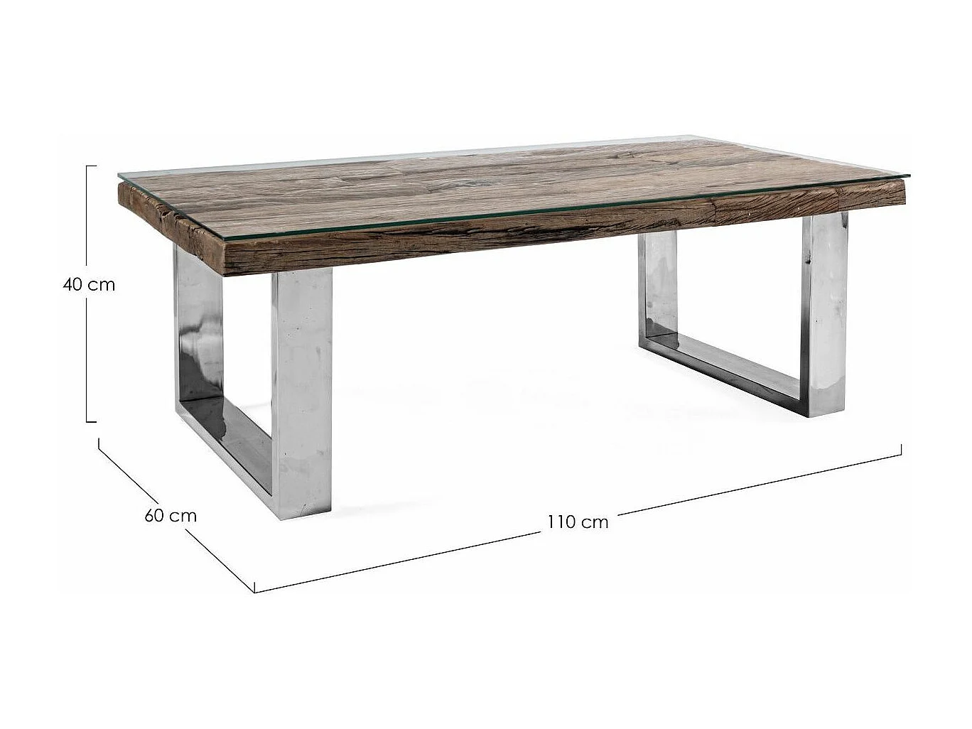Table basse rectangulaire plateau bois massif recyclé et verre trempé sur pieds acier chromé Stany 100cm 110cm