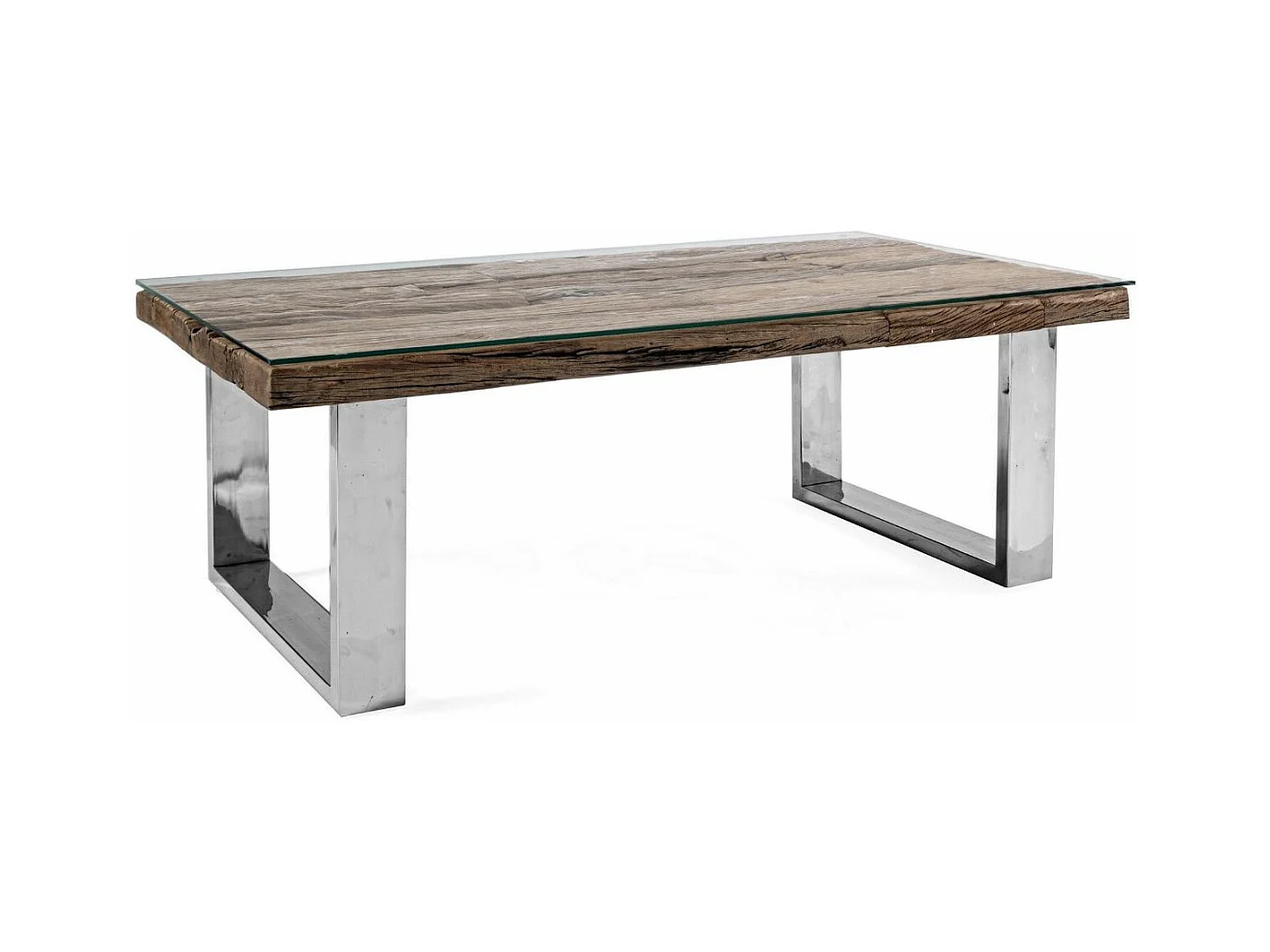 Table basse rectangulaire plateau bois massif recyclé et verre trempé sur pieds acier chromé Stany 100cm 110cm