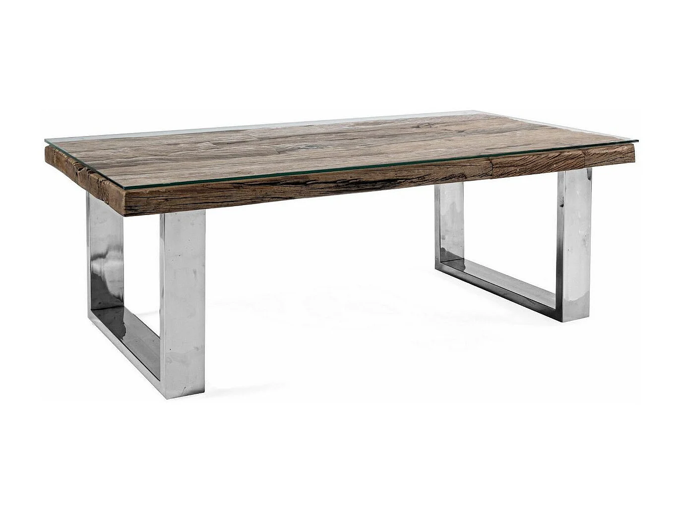 Table basse rectangulaire plateau bois massif recyclé et verre trempé sur pieds acier chromé Stany 100cm 110cm