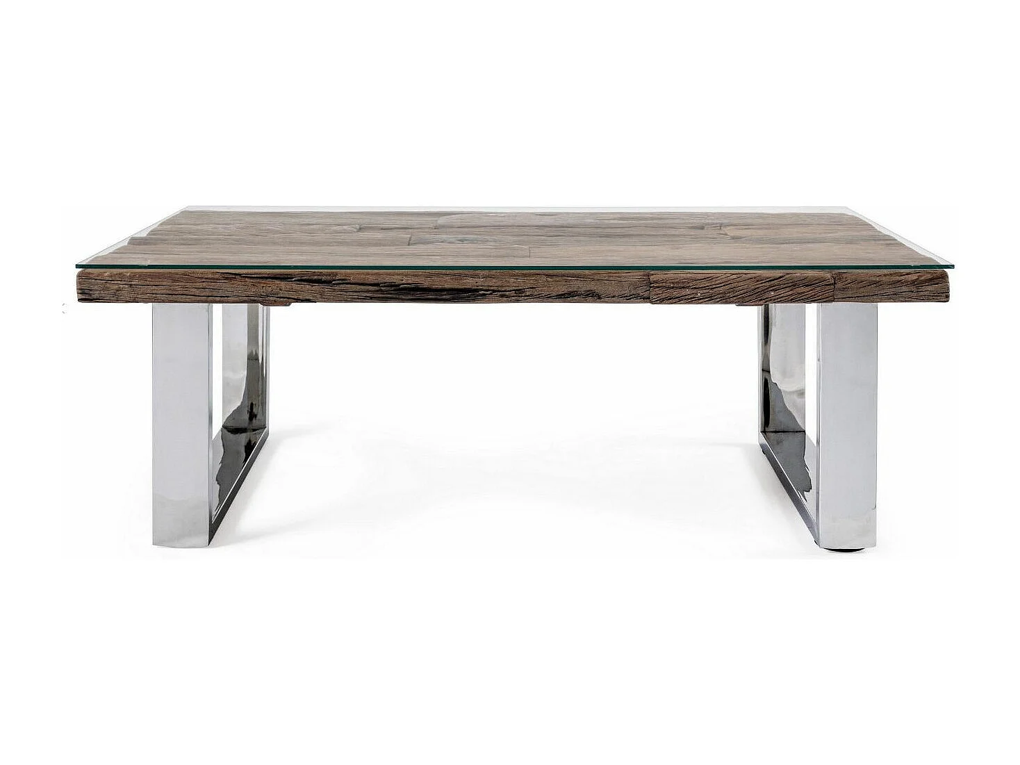 Table basse rectangulaire plateau bois massif recyclé et verre trempé sur pieds acier chromé Stany 100cm 110cm