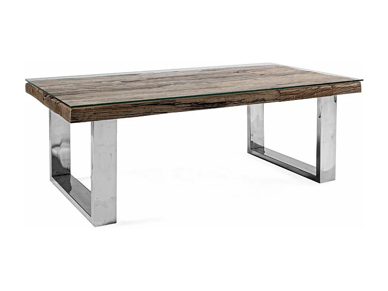 Table basse rectangulaire plateau bois massif recyclé et verre trempé sur pieds acier chromé Stany 100cm 110cm