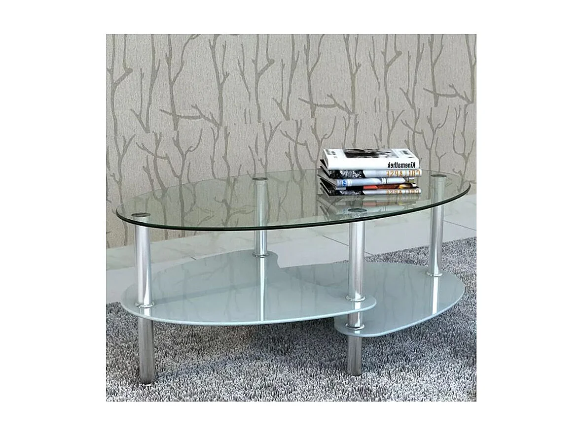 Table basse ovale verre trempé blanc et métal chromé Kyrah