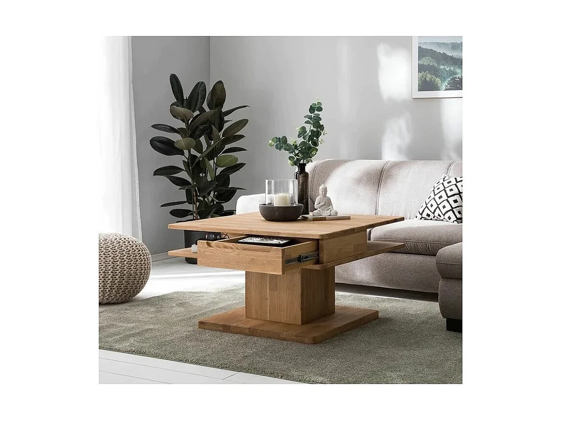 Vierkante salontafel in natuurlijk eikenhout met 2 laden Kalido 90 cm