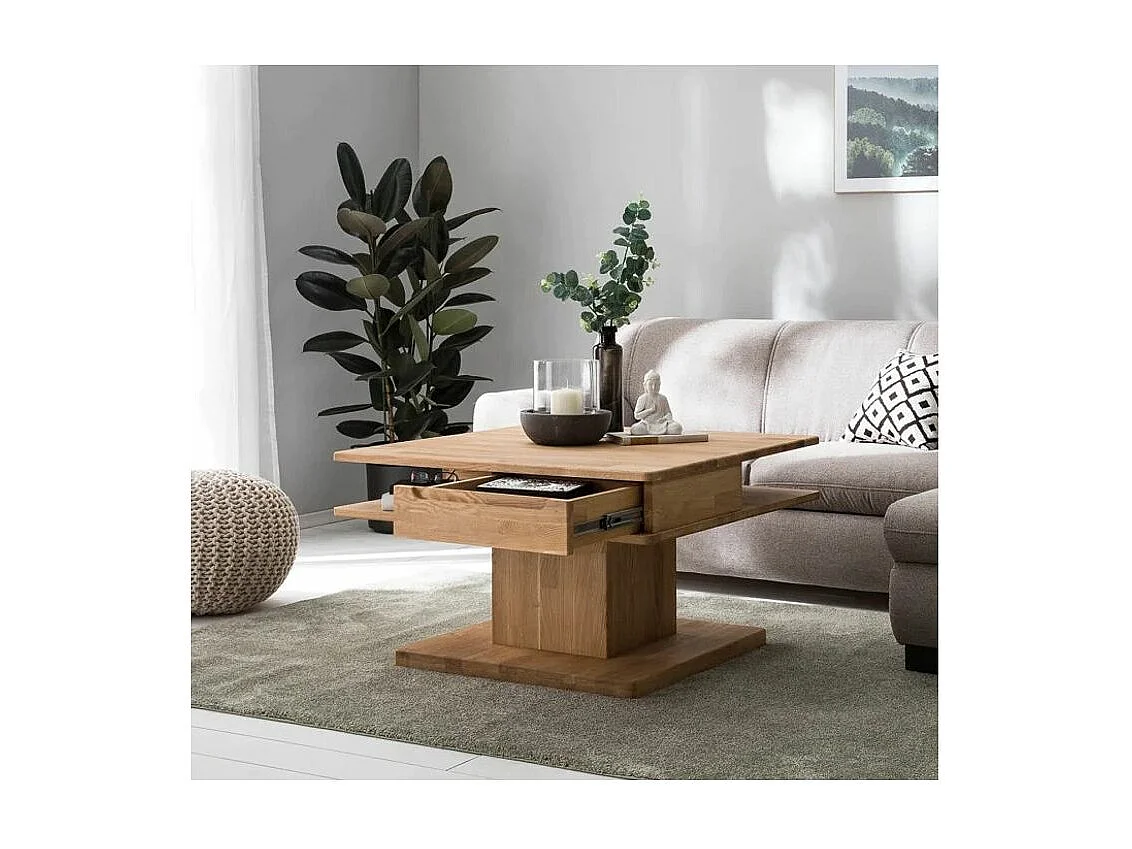 Vierkante salontafel in natuurlijk eikenhout met 2 laden Kalido 90 cm