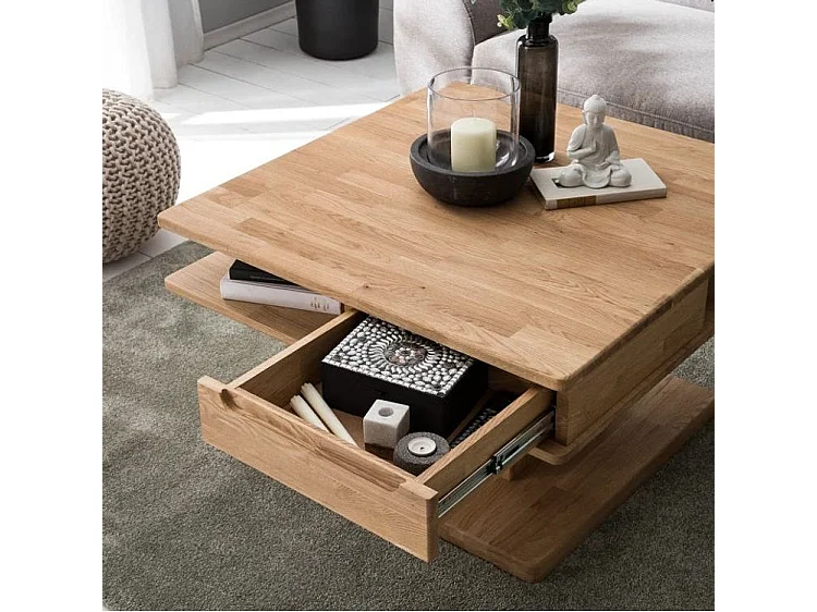 Vierkante salontafel in natuurlijk eikenhout met 2 laden Kalido 90 cm