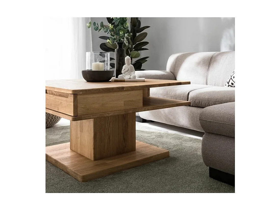 Vierkante salontafel in natuurlijk eikenhout met 2 laden Kalido 90 cm