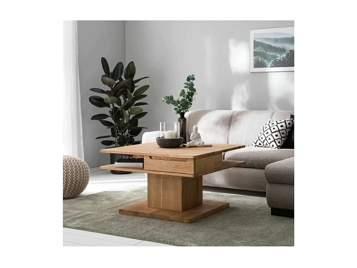 Vierkante salontafel in natuurlijk eikenhout met 2 laden Kalido 90 cm