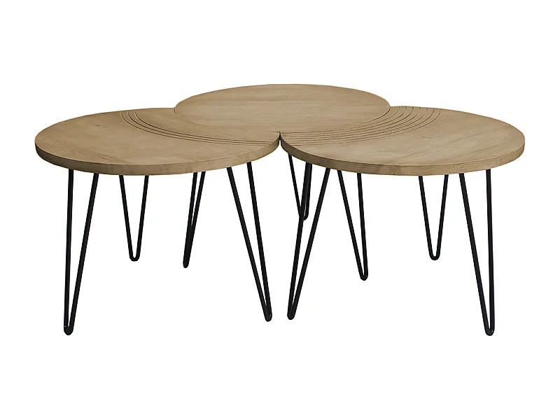 Mesas de centro grabadas mango y metal negro (lote de 3) VIBES