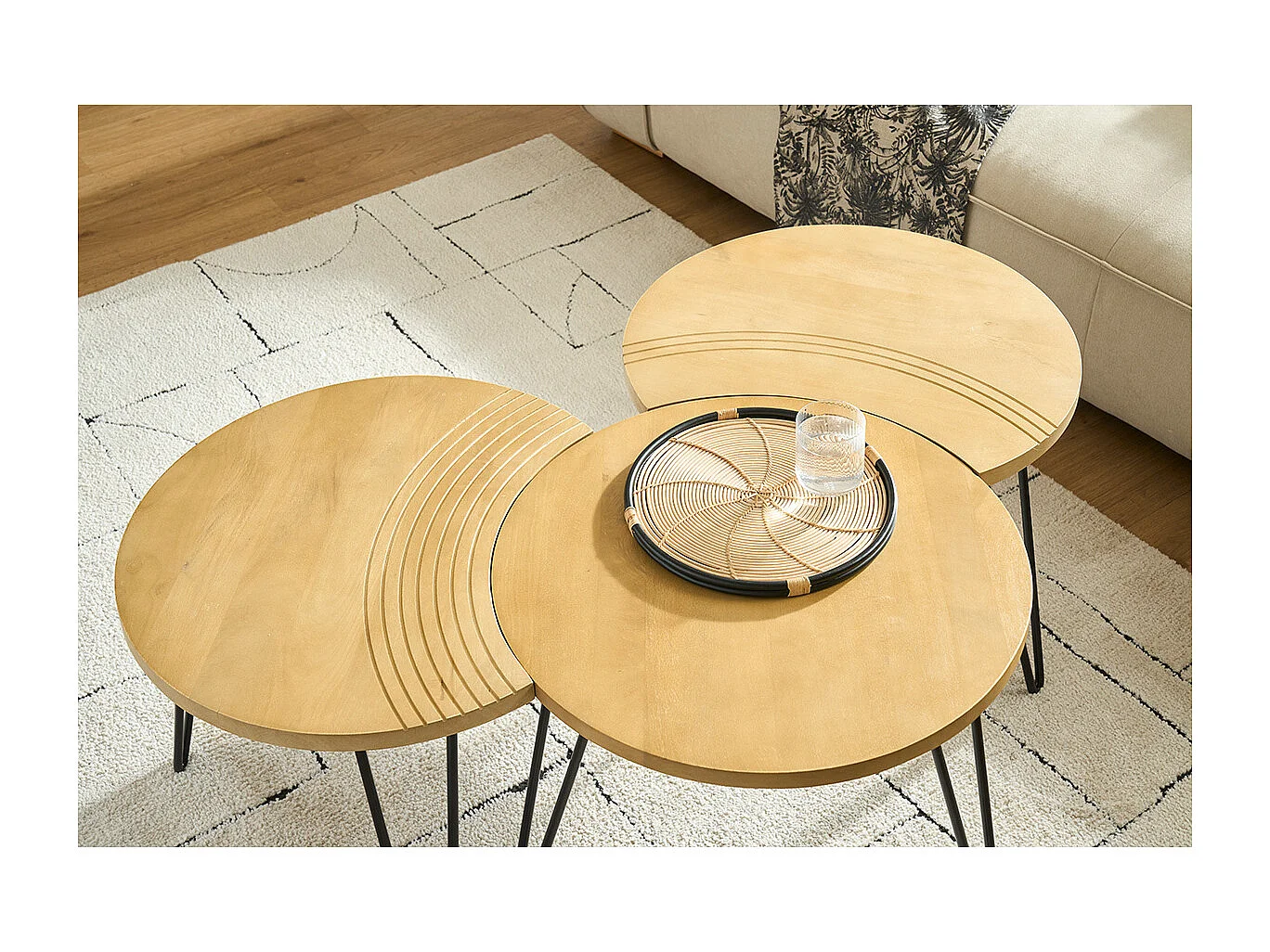 Mesas de centro grabadas mango y metal negro (lote de 3) VIBES