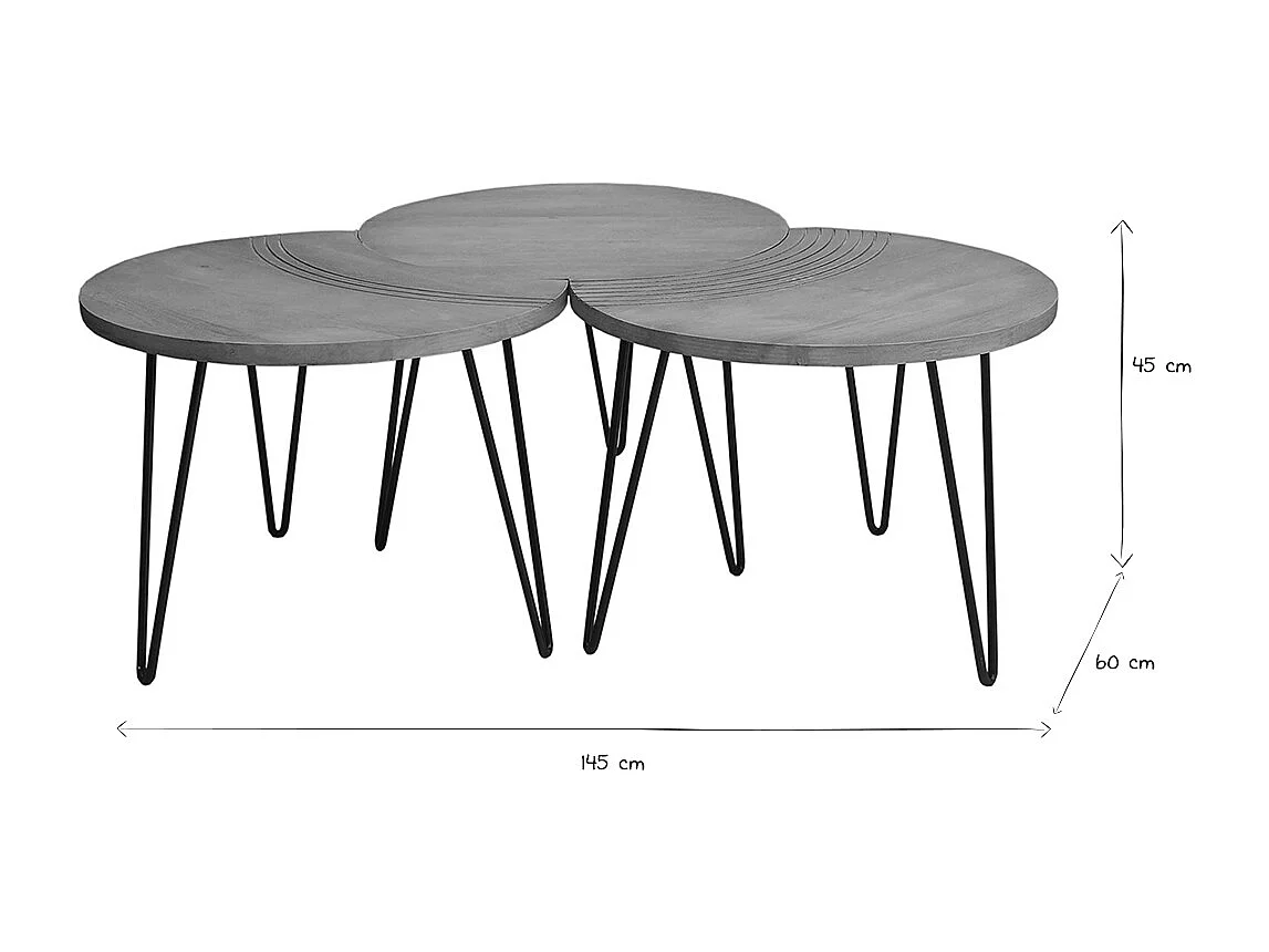 Mesas de centro grabadas mango y metal negro (lote de 3) VIBES