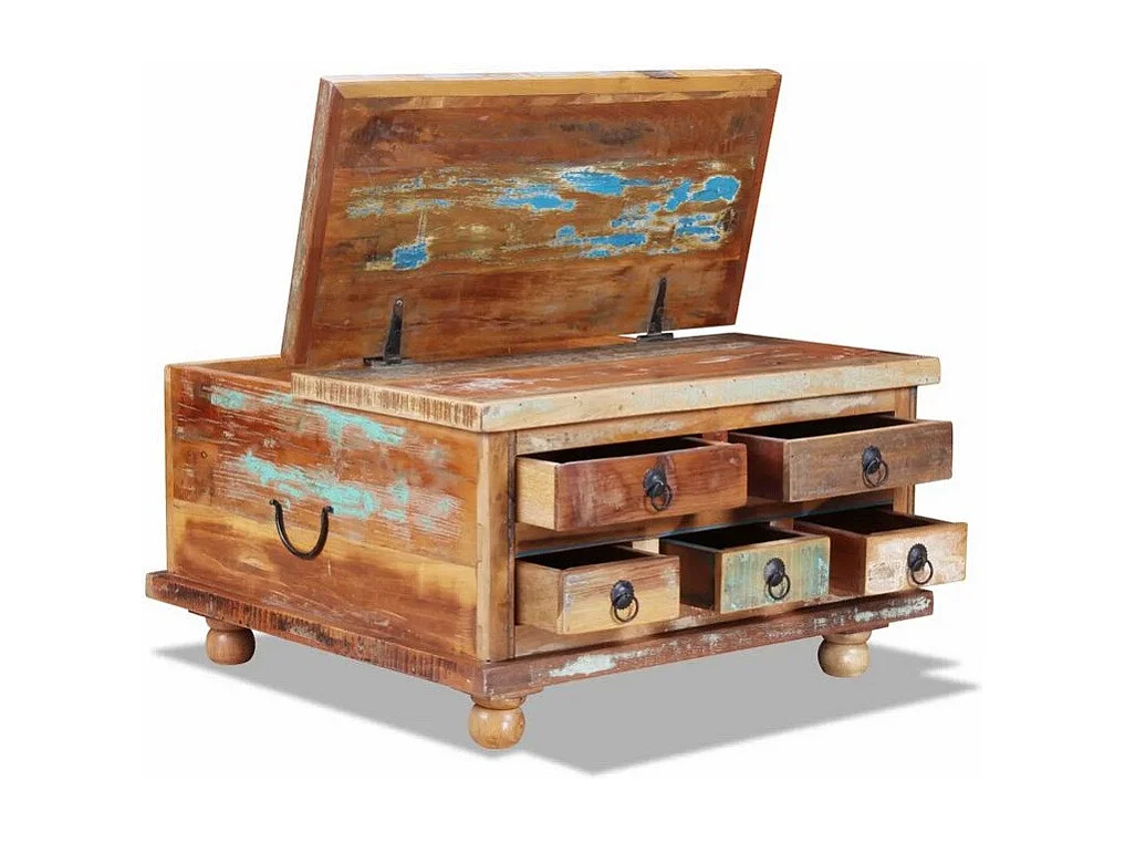 Table basse 5 tiroirs bois de récupération massif Vouli 70cm