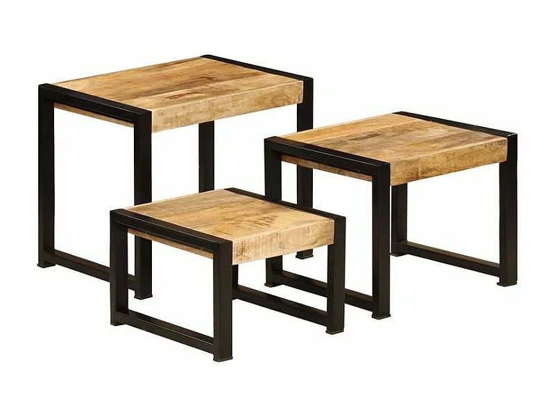 Set de 3 tables gigognes manguier massif clair et pieds métal noir Area