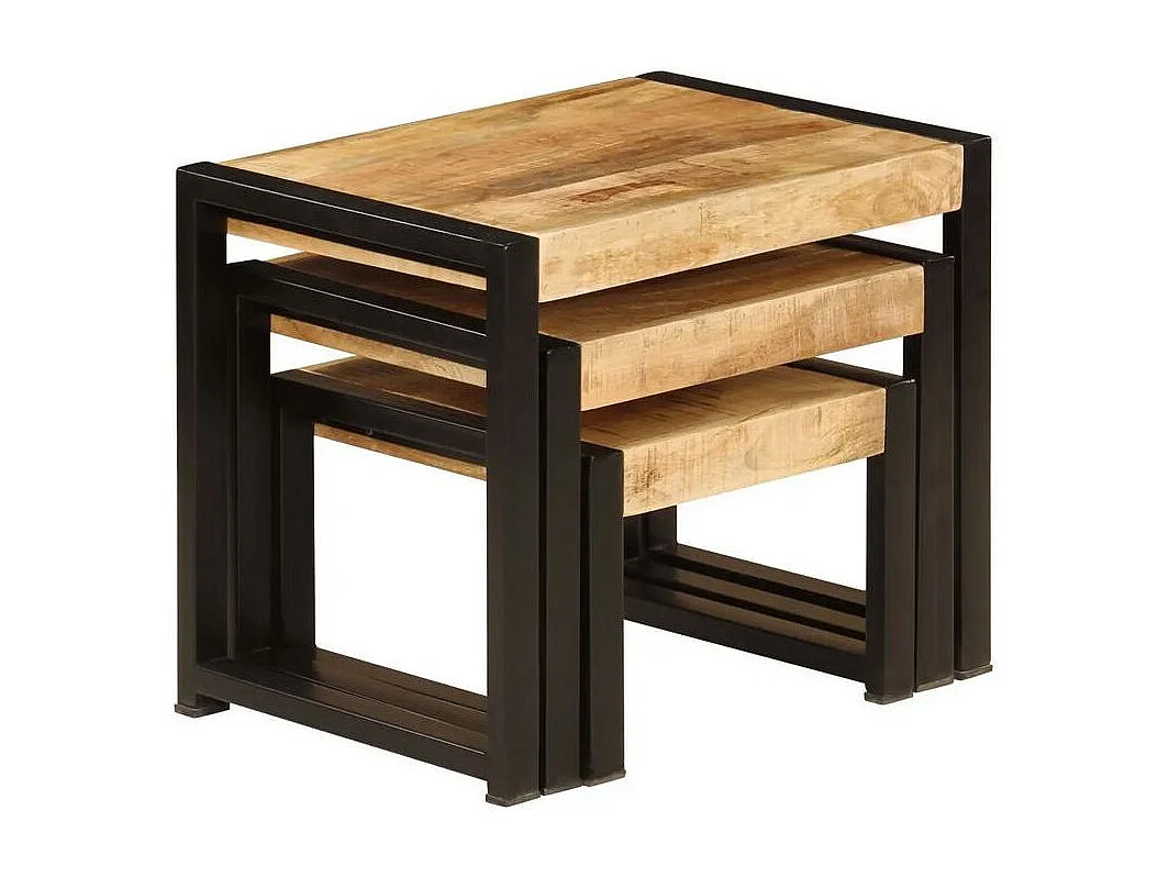 Set de 3 tables gigognes manguier massif clair et pieds métal noir Area