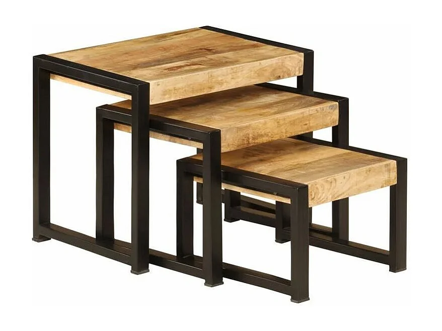 Set de 3 tables gigognes manguier massif clair et pieds métal noir Area