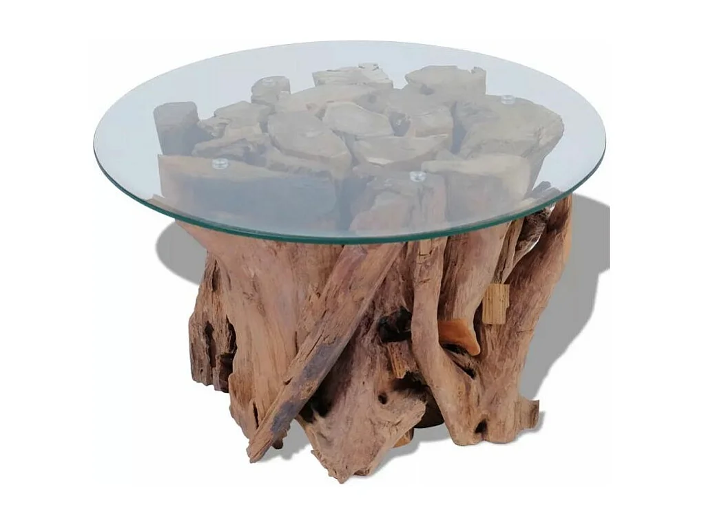 Table basse ronde verre trempé et teck massif Done