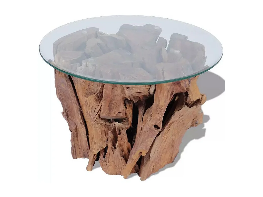 Table basse ronde verre trempé et teck massif Done