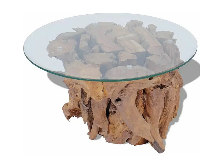 Table basse ronde verre trempé et teck massif Done