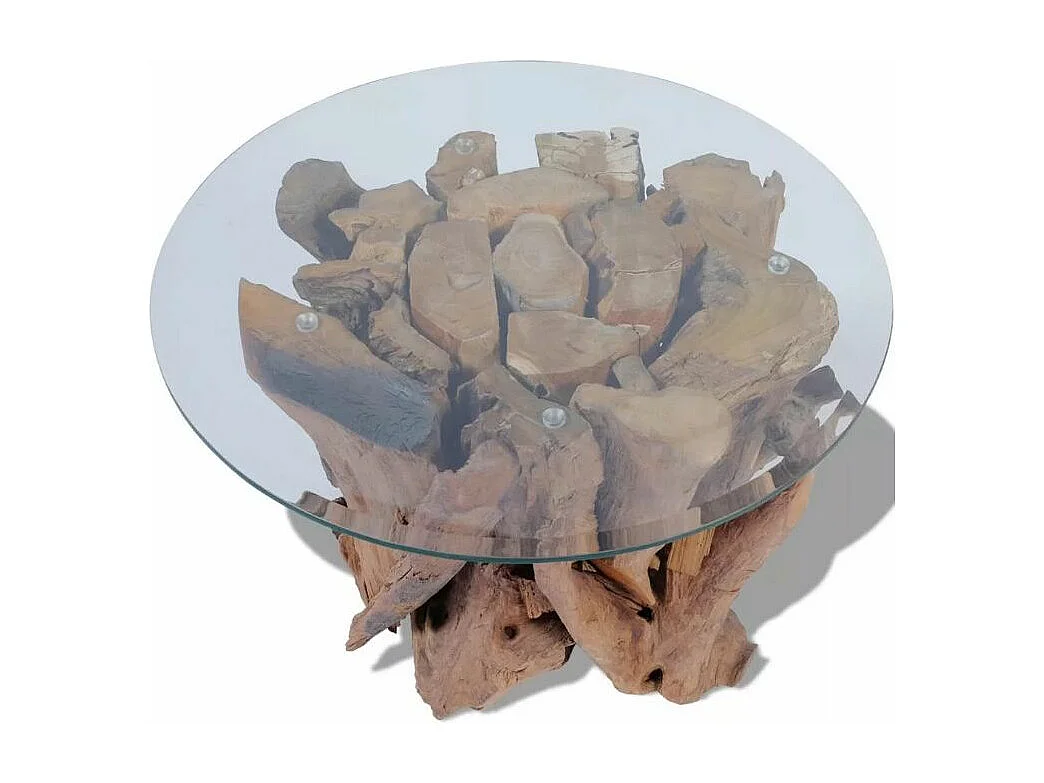 Table basse ronde verre trempé et teck massif Done